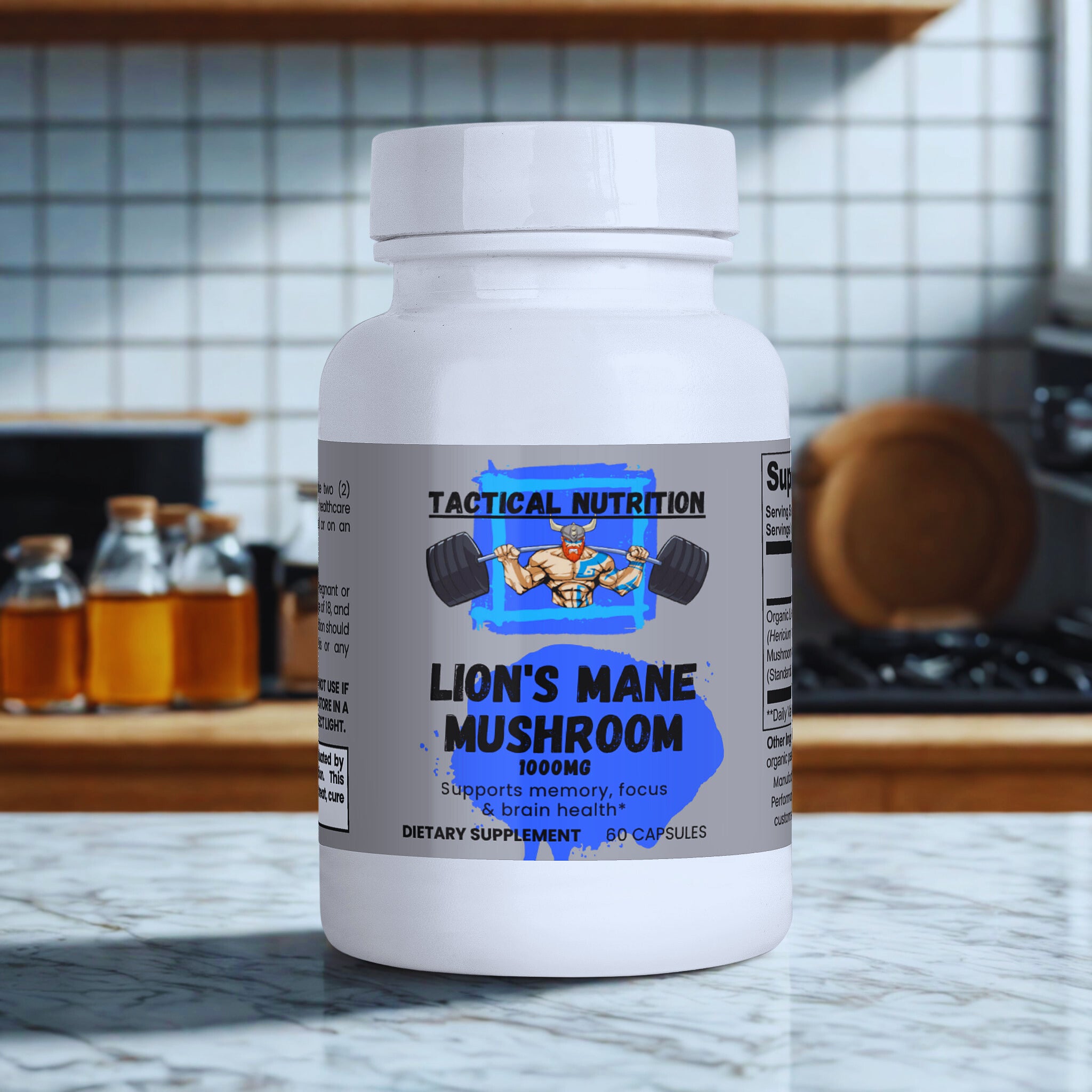 Supplement bottle labeled 'Lion's Mane Mushroom' by Tactical Nutrition on a kitchen counter.